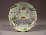 道光清代 Daoguang famille rose saucer decorated with a harbor scene and the Teng Wang Ge Pavilion