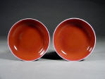 Pair of 乾隆 Qianlong Coral Red Saucers