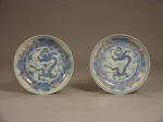 A Pair of Yongzheng Mark and Period Underglaze Blue & Red Dragon Saucers